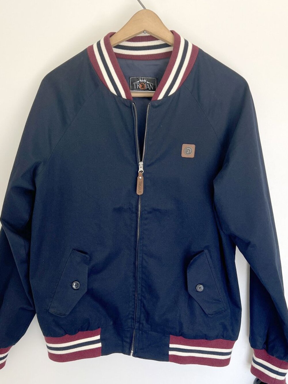 Trojan Navy Blue Bomber Jacket Varsity Stripe Trim  — Like New